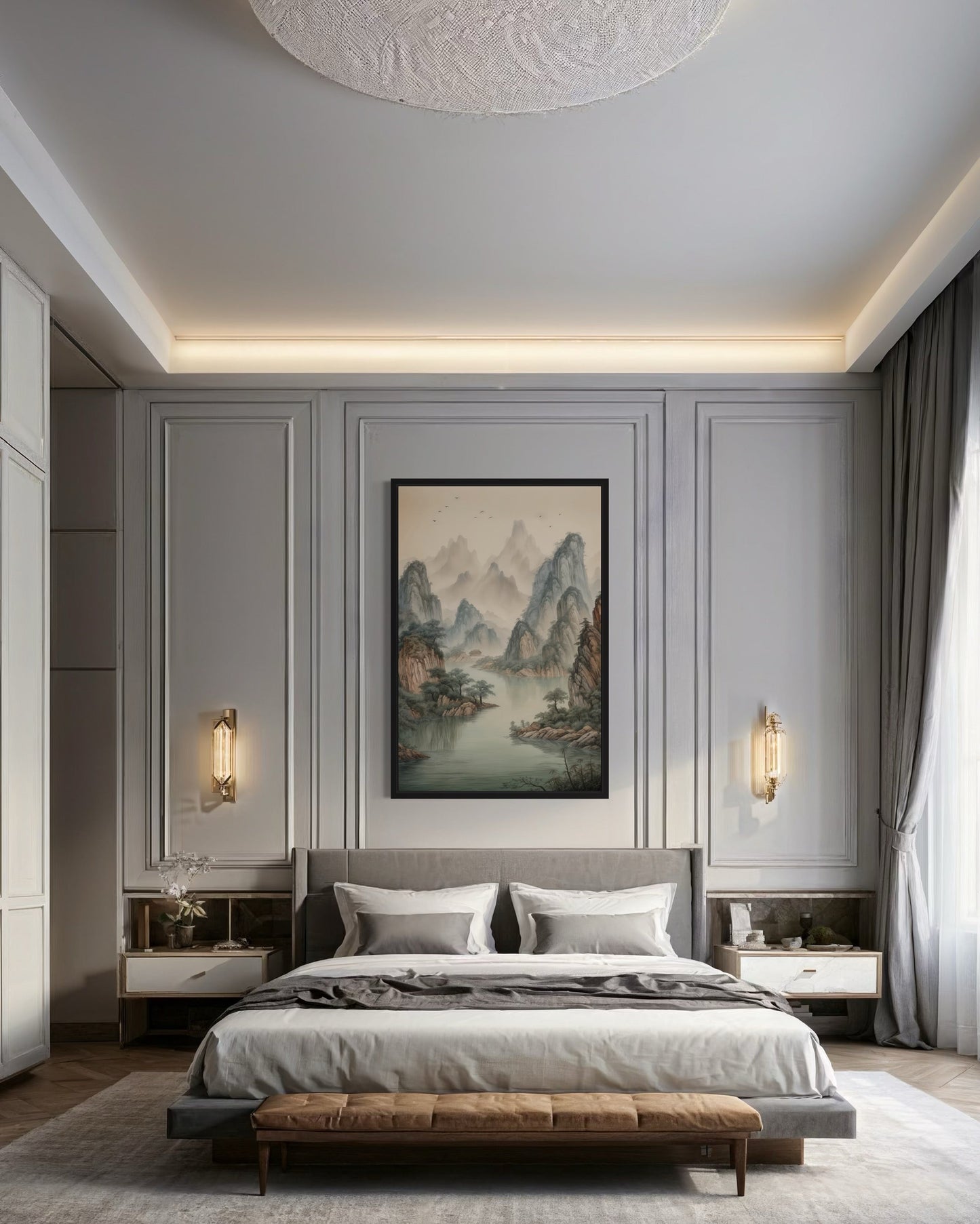 Shan Shui Hua Canvas Wall Art Traditional Chinese Mountains River Landscape -Zen Decor