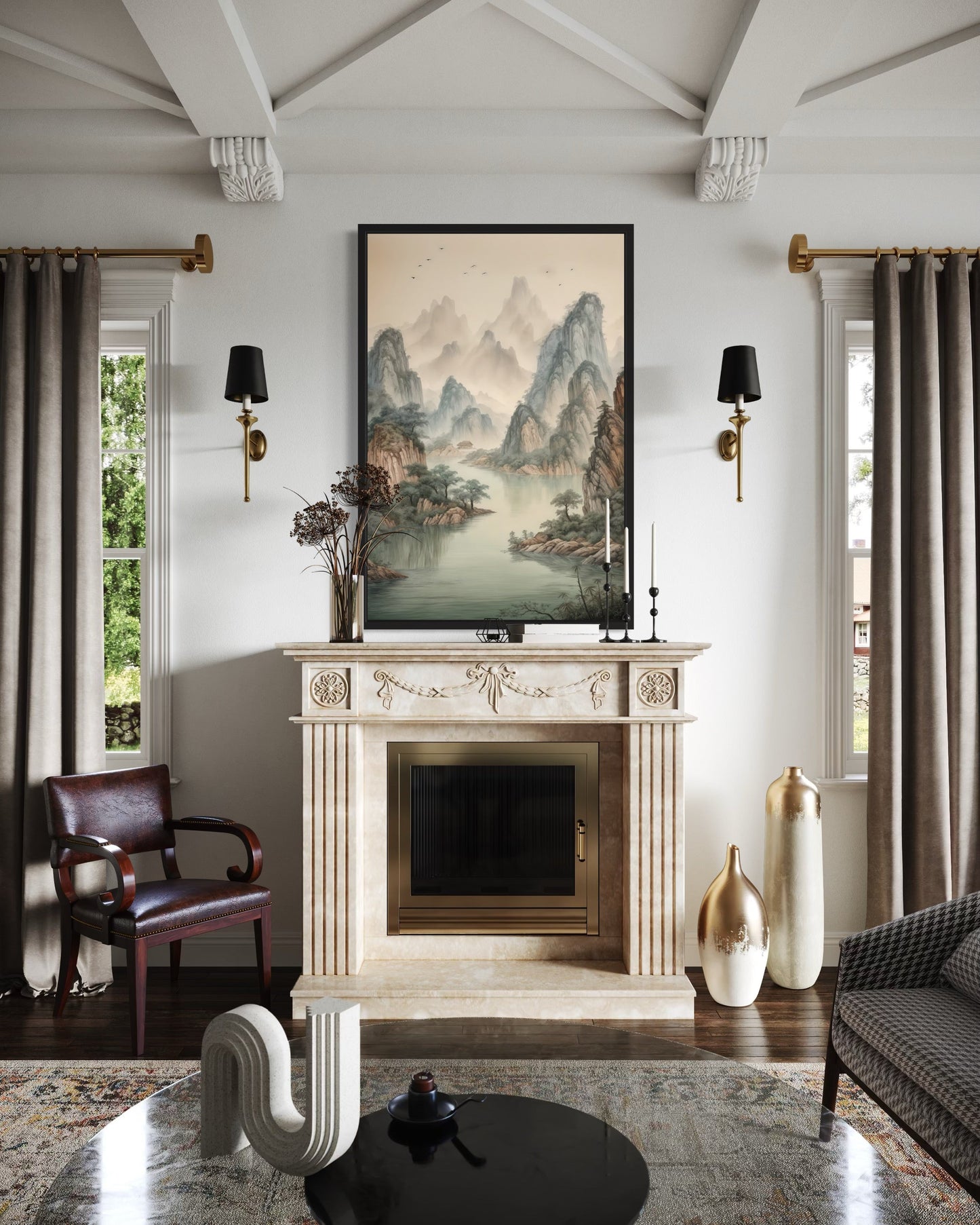 Shan Shui Hua Canvas Wall Art Traditional Chinese Mountains River Landscape -Zen Decor