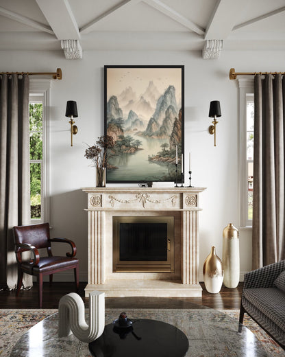 Shan Shui Hua Canvas Wall Art Traditional Chinese Mountains River Landscape -Zen Decor