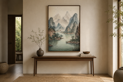 Shan Shui Hua Canvas Wall Art Traditional Chinese Mountains River Landscape -Zen Decor