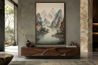 Shan Shui Hua Canvas Wall Art Traditional Chinese Mountains River Landscape -Zen Decor