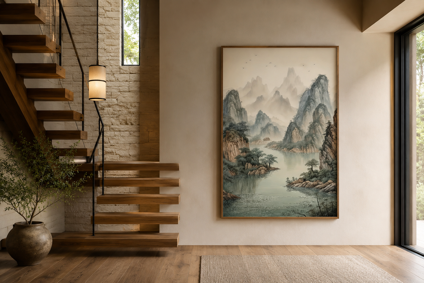 Shan Shui Hua Canvas Wall Art Traditional Chinese Mountains River Landscape -Zen Decor