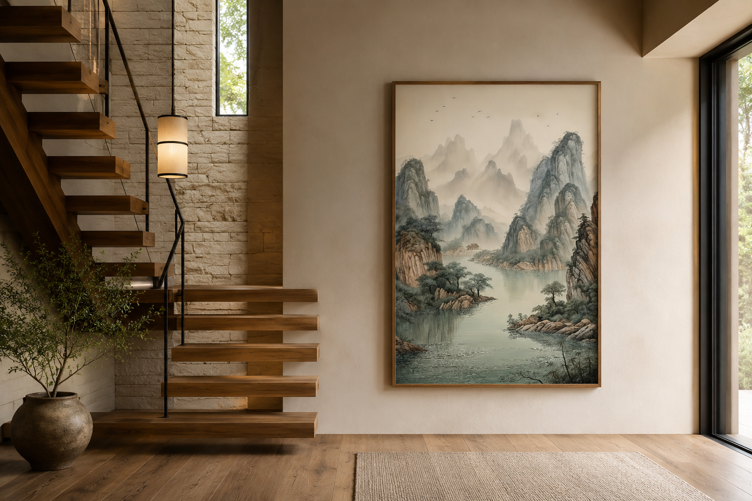 Shan Shui Hua Canvas Wall Art Traditional Chinese Mountains River Landscape -Zen Decor