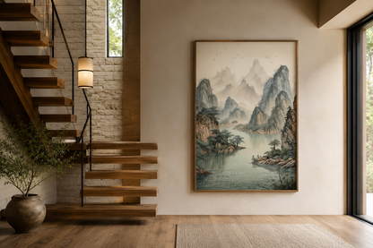 Shan Shui Hua Canvas Wall Art Traditional Chinese Mountains River Landscape -Zen Decor