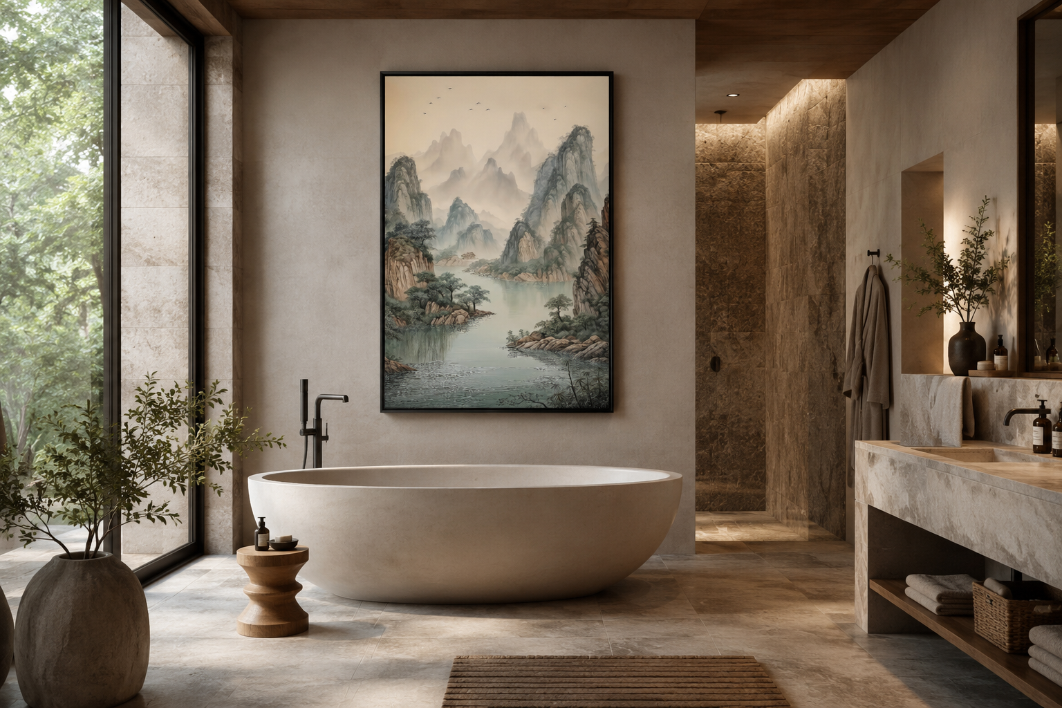 Shan Shui Hua Canvas Wall Art Traditional Chinese Mountains River Landscape -Zen Decor