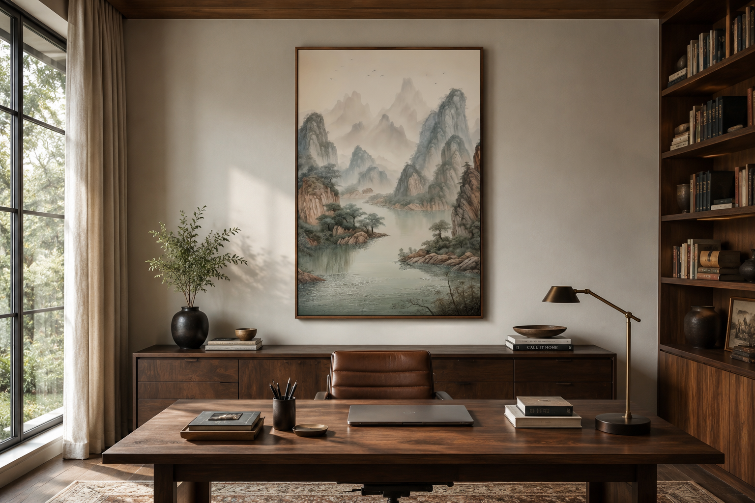 Shan Shui Hua Canvas Wall Art Traditional Chinese Mountains River Landscape -Zen Decor