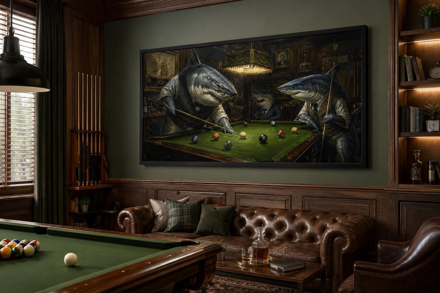 Shark Playing Pool Billiards Wall Art - Victorian Gentlemen's Club Canvas for Man Cave