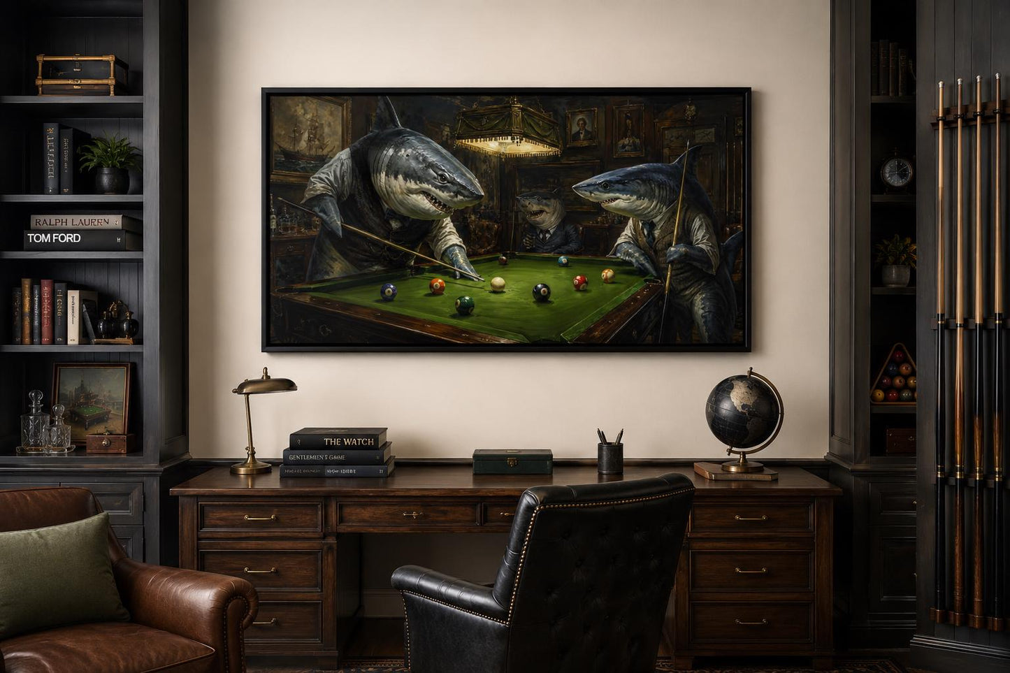 Shark Playing Pool Billiards Wall Art - Victorian Gentlemen's Club Canvas for Man Cave