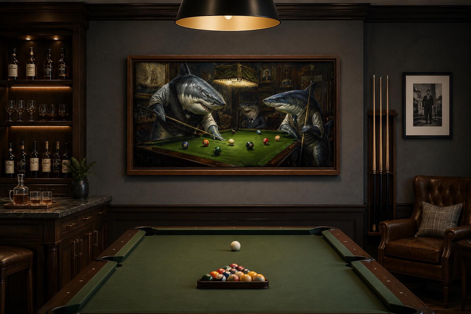 Shark Playing Pool Billiards Wall Art - Victorian Gentlemen's Club Canvas for Man Cave