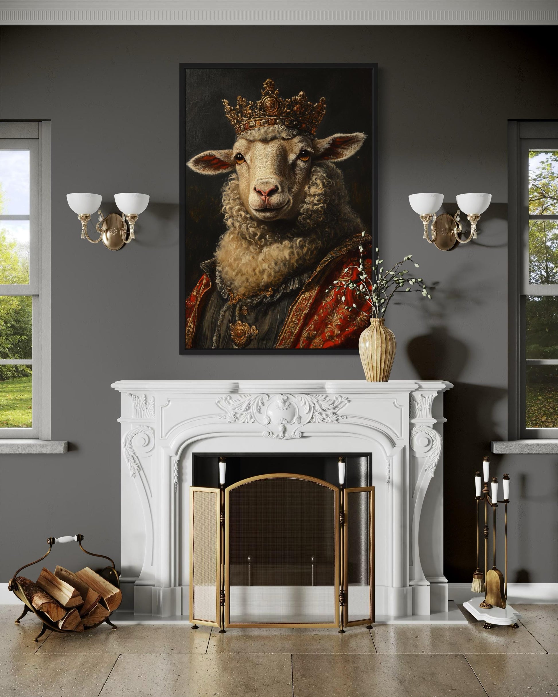 Sheep King In Crown Victorian Portrait Framed Canvas Wall Art