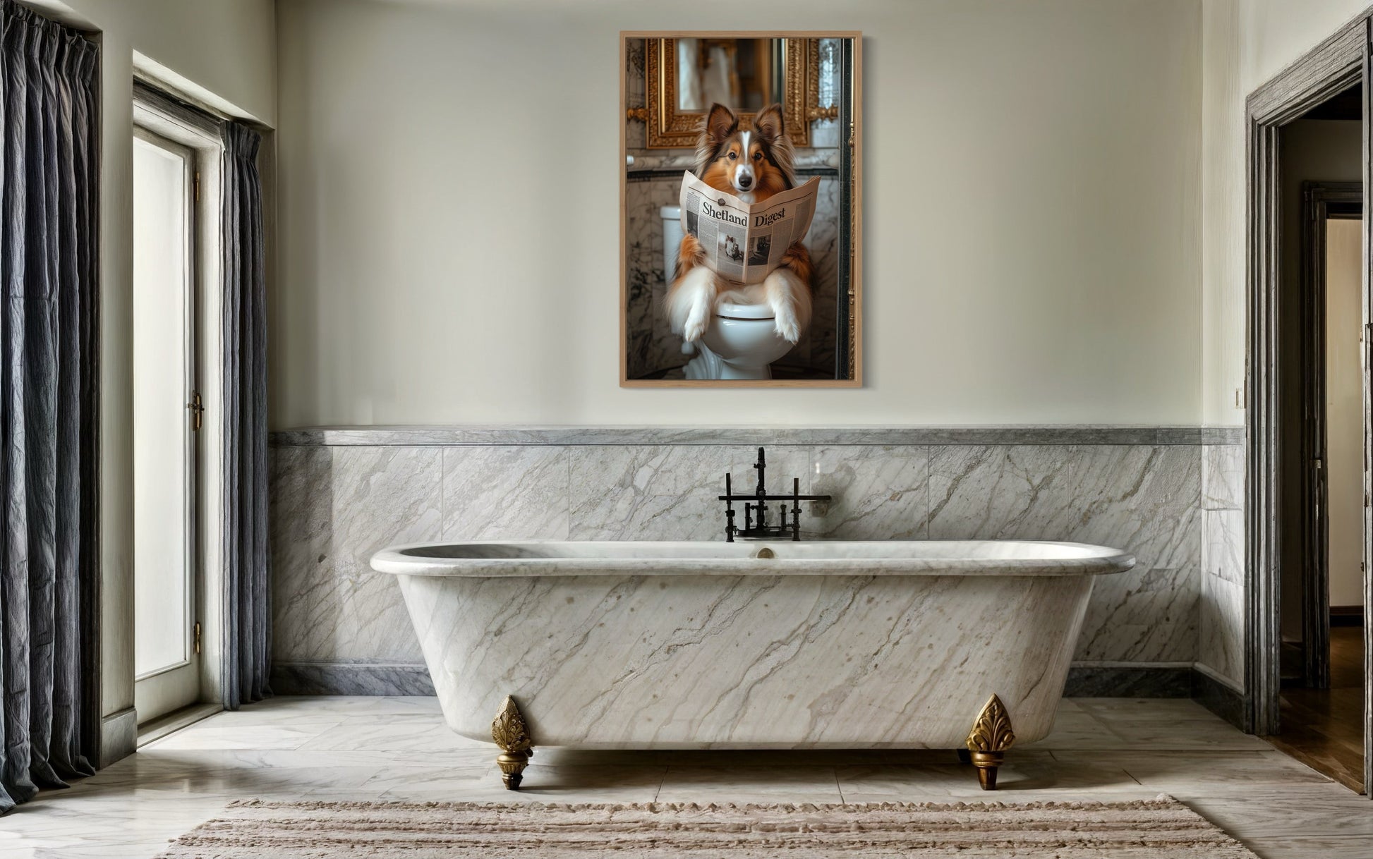 Shetland Sheepdog On The Toilet Reading Newspaper Picture Canvas Wall Art