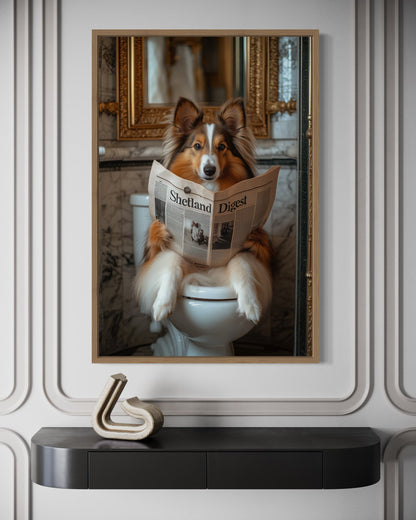Shetland Sheepdog On The Toilet Reading Newspaper Picture Canvas Wall Art
