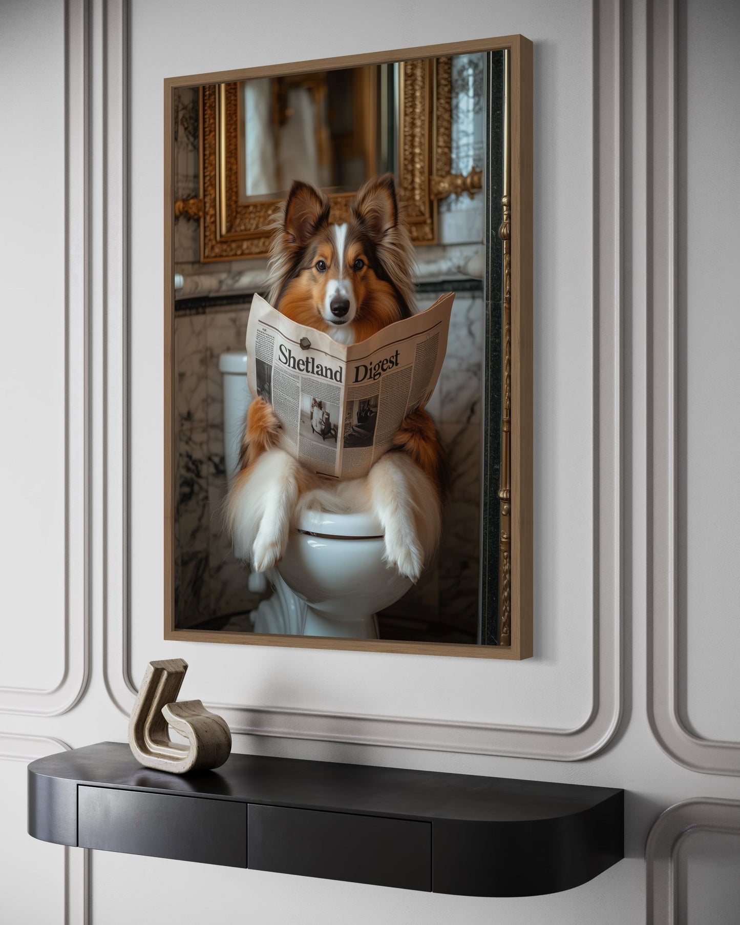 Shetland Sheepdog On The Toilet Reading Newspaper Picture Canvas Wall Art