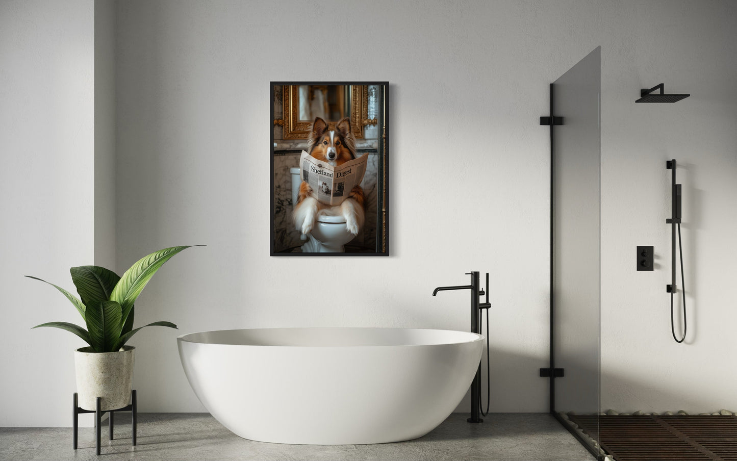 Shetland Sheepdog On The Toilet Reading Newspaper Picture Canvas Wall Art