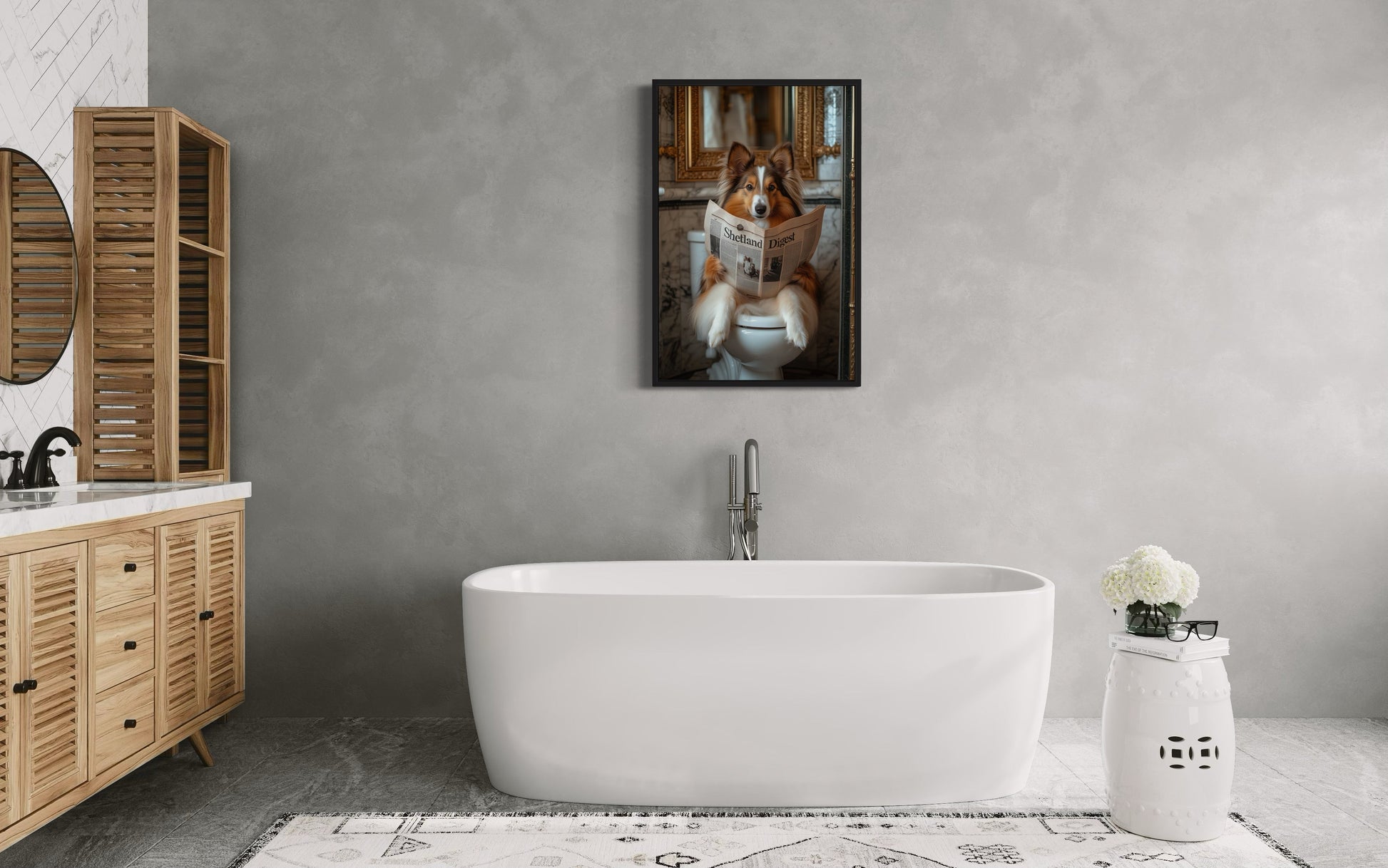 Shetland Sheepdog On The Toilet Reading Newspaper Picture Canvas Wall Art