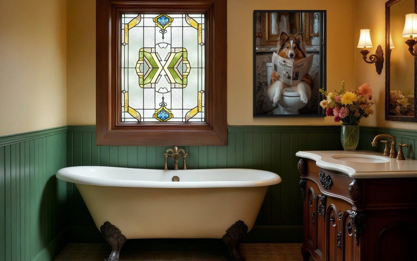 Shetland Sheepdog On The Toilet Reading Newspaper Picture Canvas Wall Art