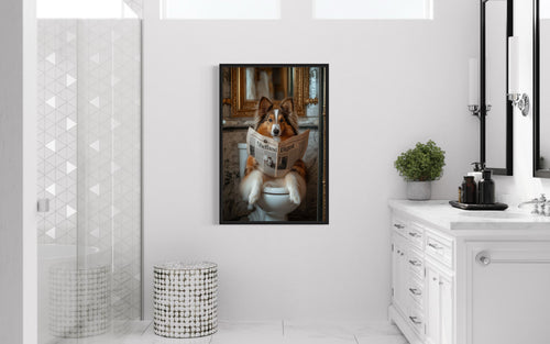Shetland Sheepdog On The Toilet Reading Newspaper Picture Canvas Wall Art