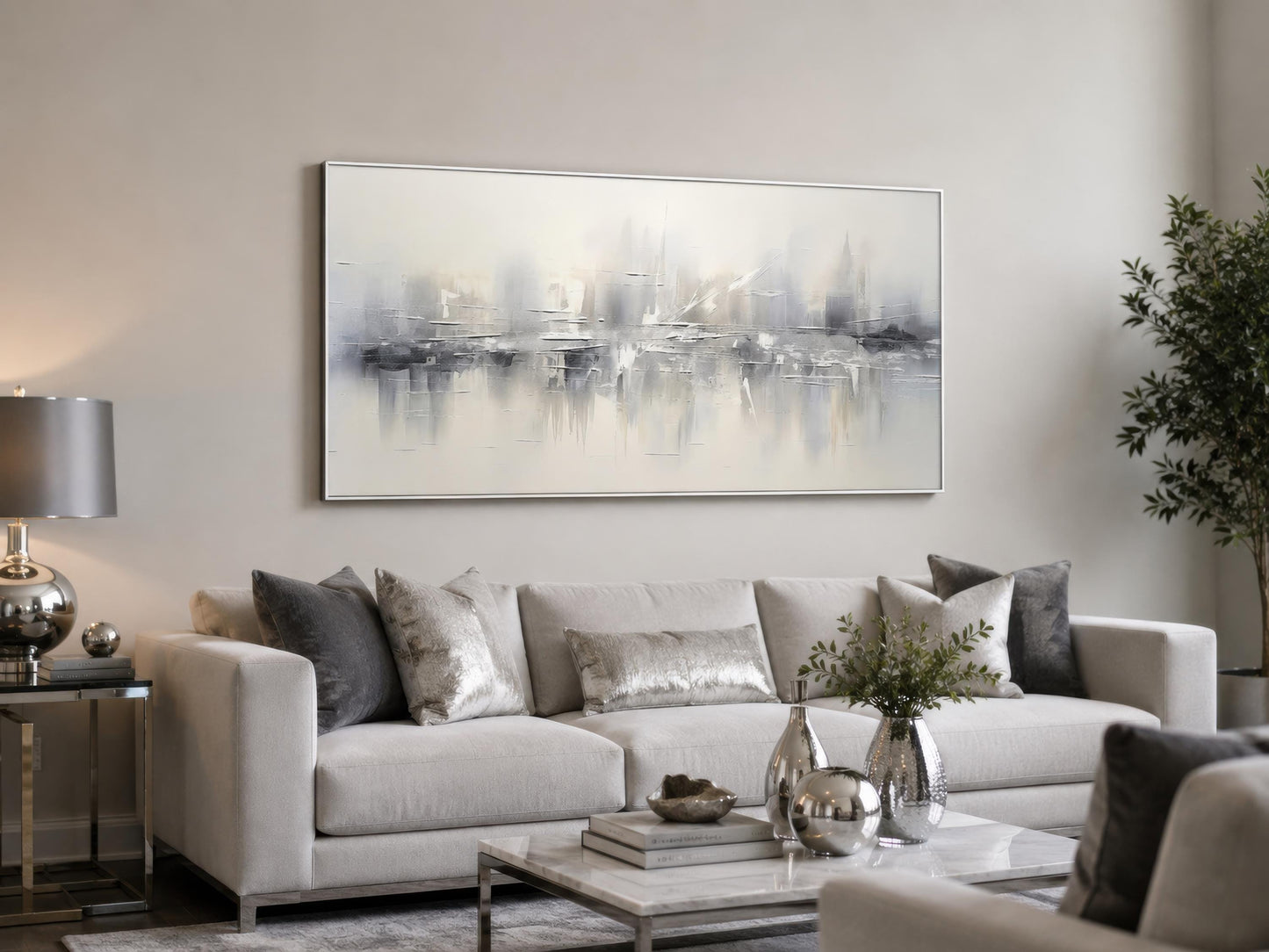 Silver Grey and White Abstract Wall Art For Above Couch Living Room