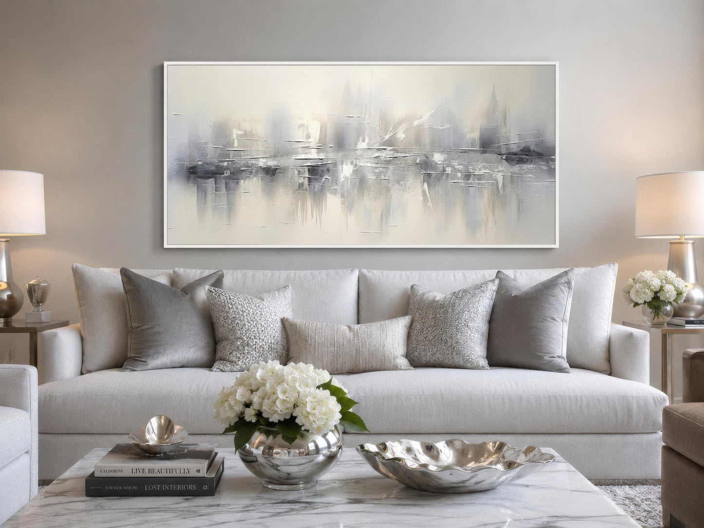 Silver Grey and White Abstract Wall Art For Above Couch Living Room