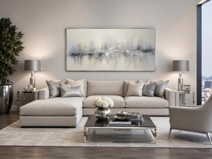 Silver Grey and White Abstract Wall Art For Above Couch Living Room
