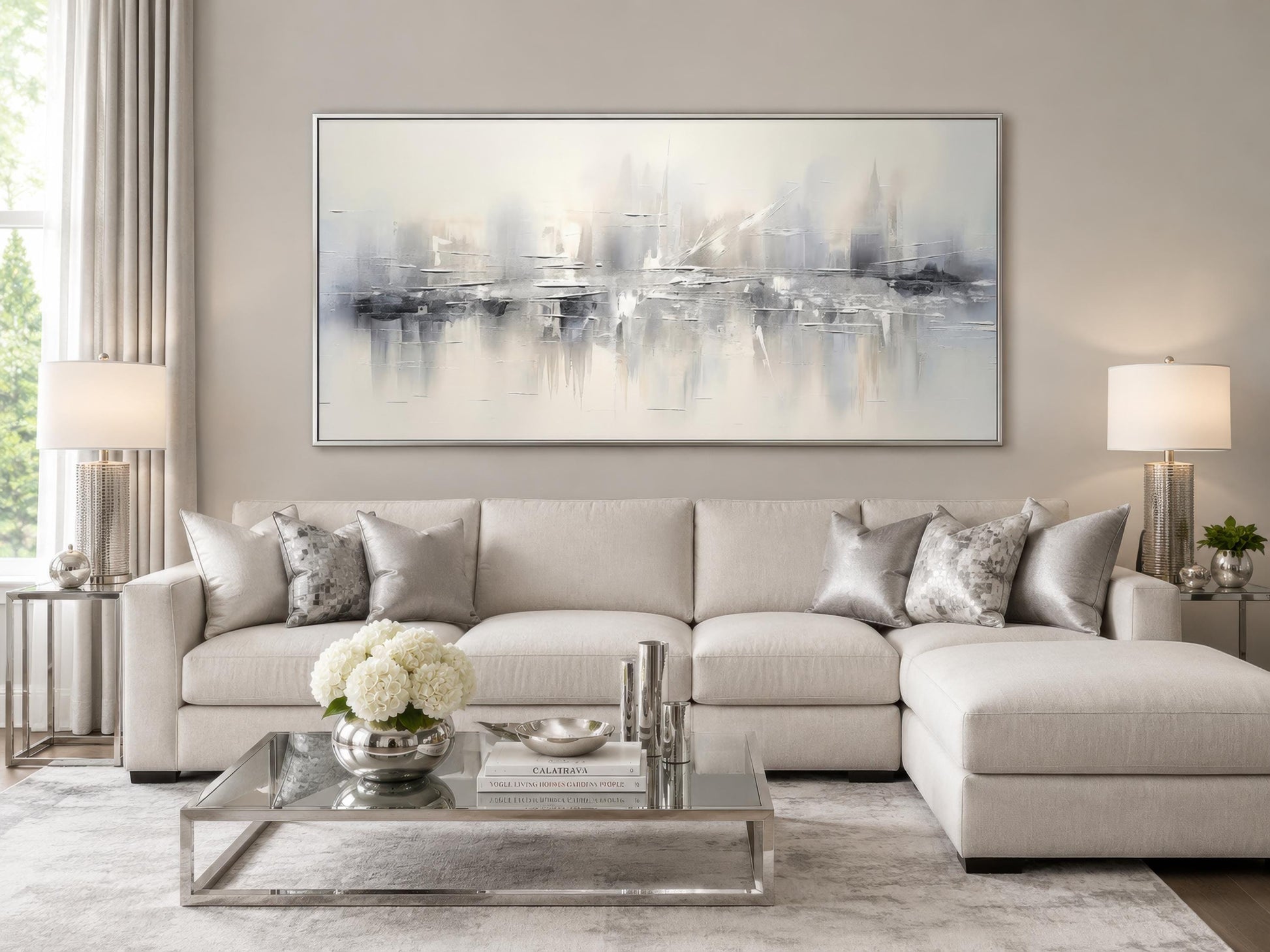 Silver Grey and White Abstract Wall Art For Above Couch Living Room