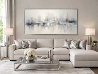 Silver Grey and White Abstract Wall Art For Above Couch Living Room