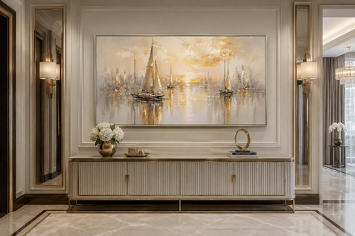 Abstract Silver Gold Sailboats Wall Art – Modern Sailboat Painting | Coastal Framed Canvas Print
