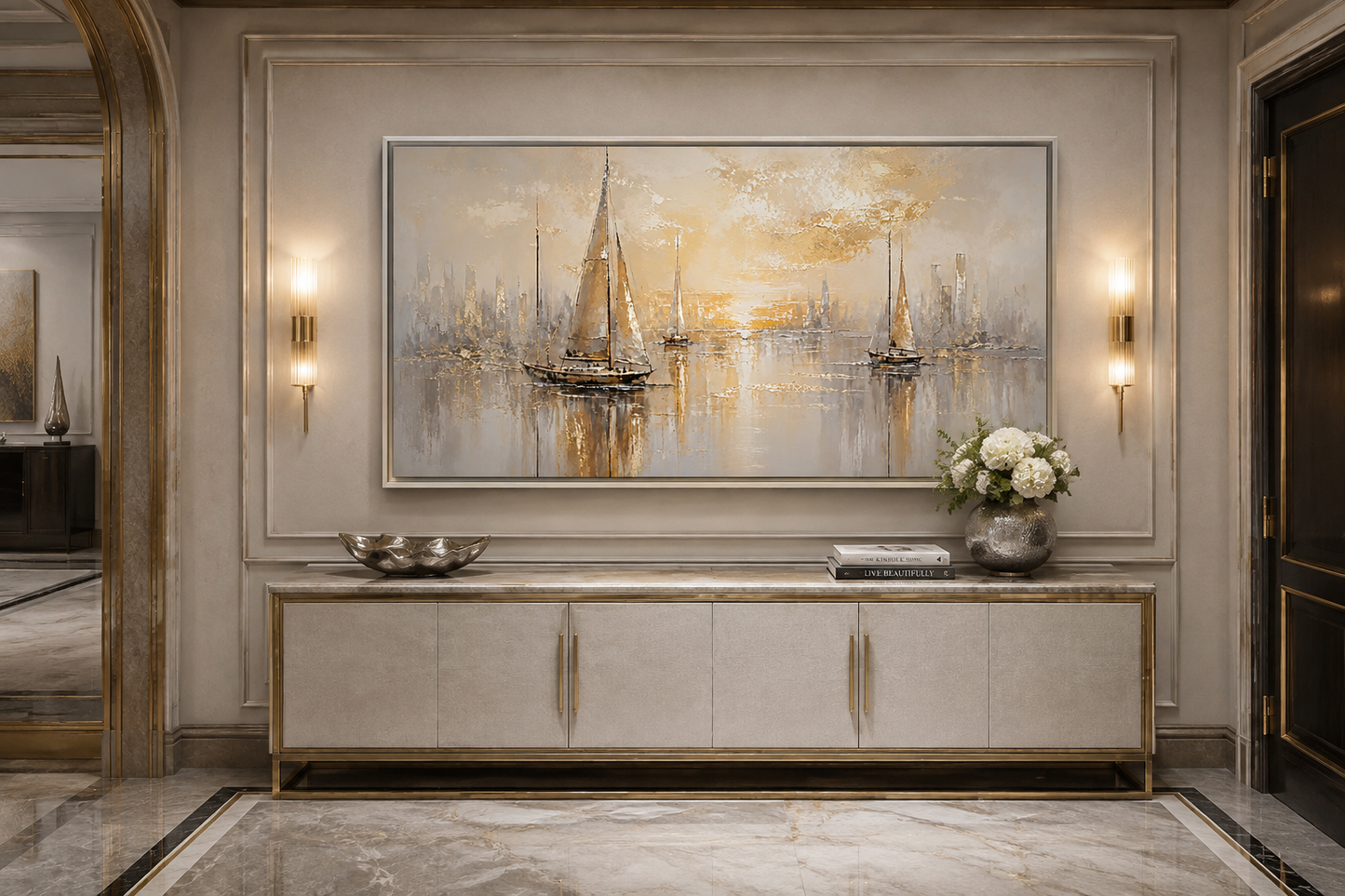Abstract Silver Gold Sailboats Wall Art – Modern Sailboat Painting | Coastal Framed Canvas Print