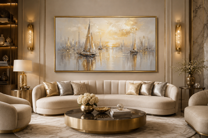 Abstract Silver Gold Sailboats Wall Art – Modern Sailboat Painting | Coastal Framed Canvas Print
