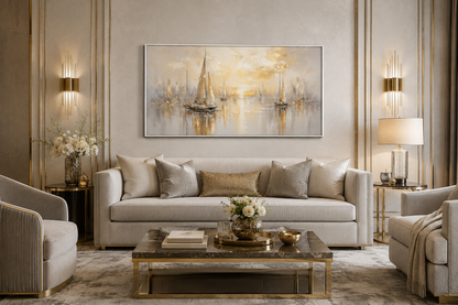 Abstract Silver Gold Sailboats Wall Art – Modern Sailboat Painting | Coastal Framed Canvas Print