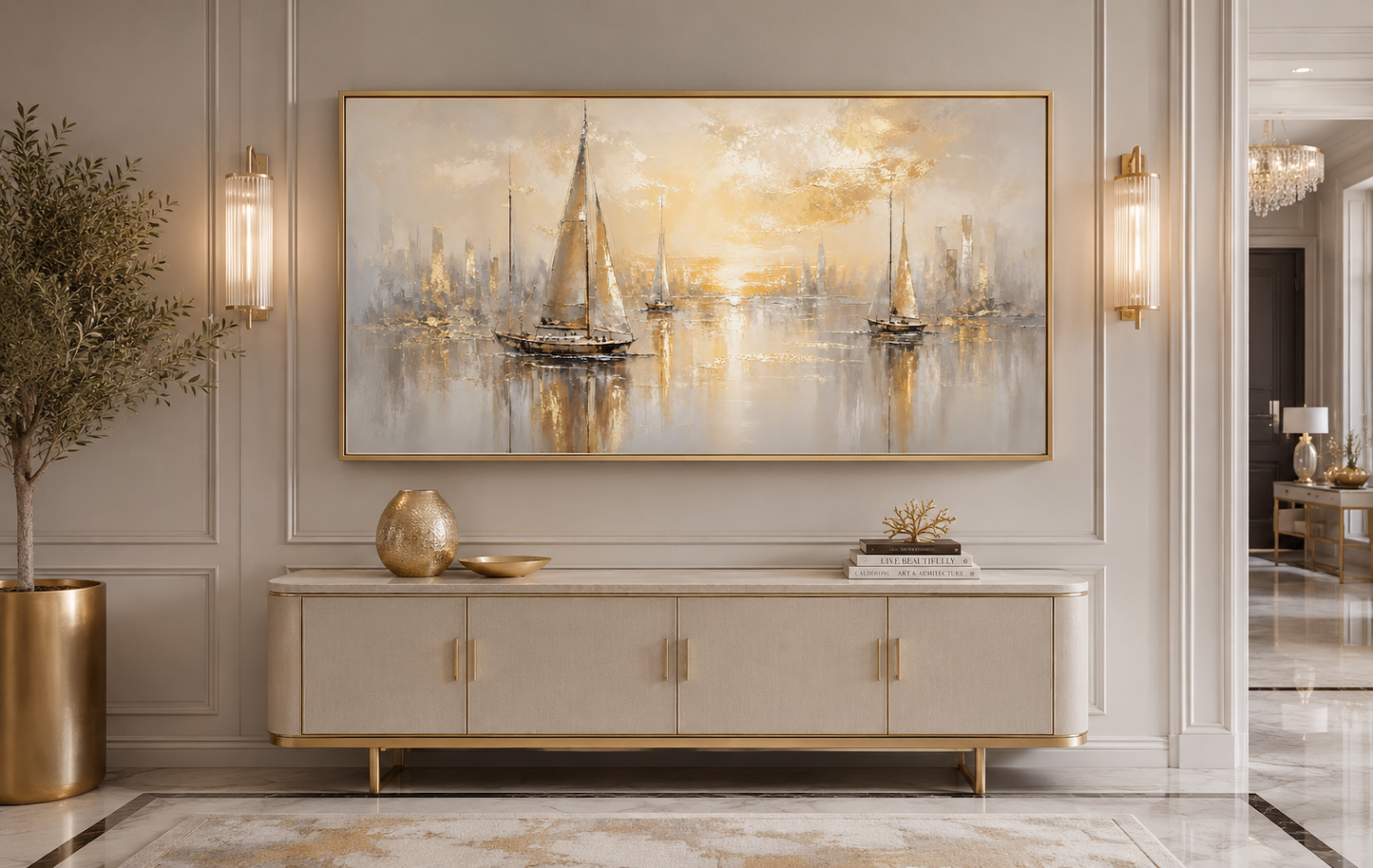 Abstract Silver Gold Sailboats Wall Art – Modern Sailboat Painting | Coastal Framed Canvas Print
