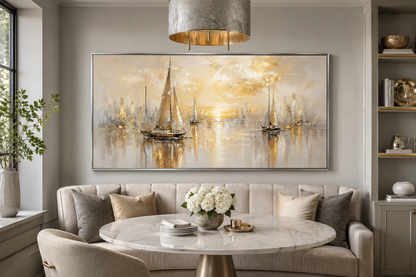 Abstract Silver Gold Sailboats Wall Art – Modern Sailboat Painting | Coastal Framed Canvas Print