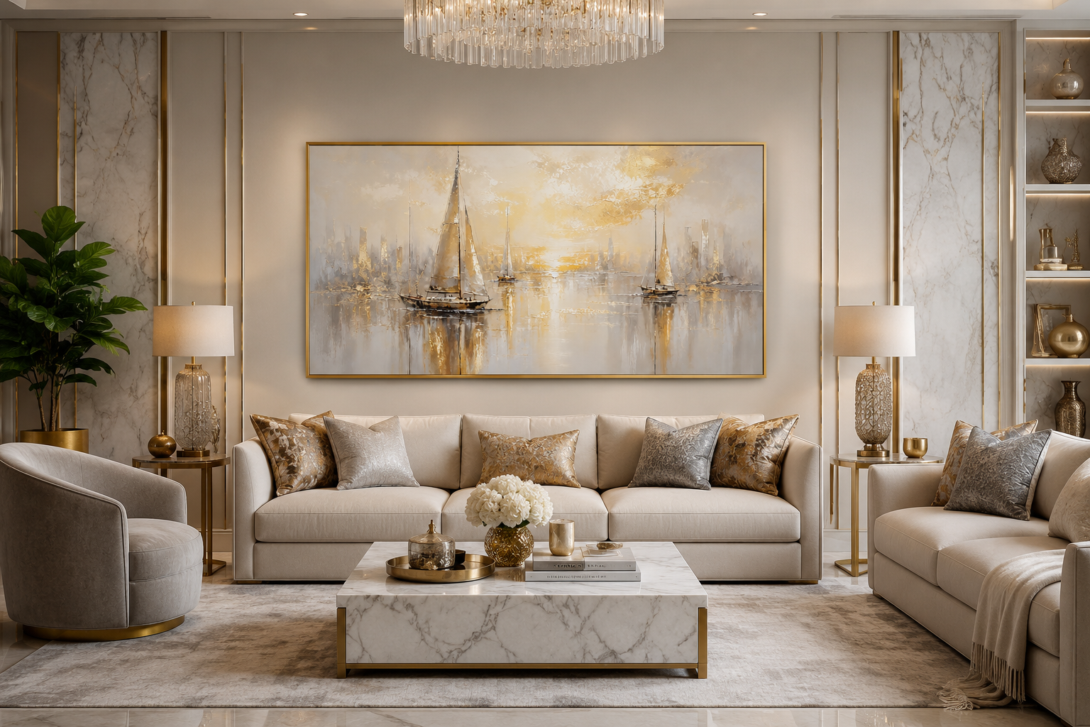 Abstract Silver Gold Sailboats Wall Art – Modern Sailboat Painting | Coastal Framed Canvas Print