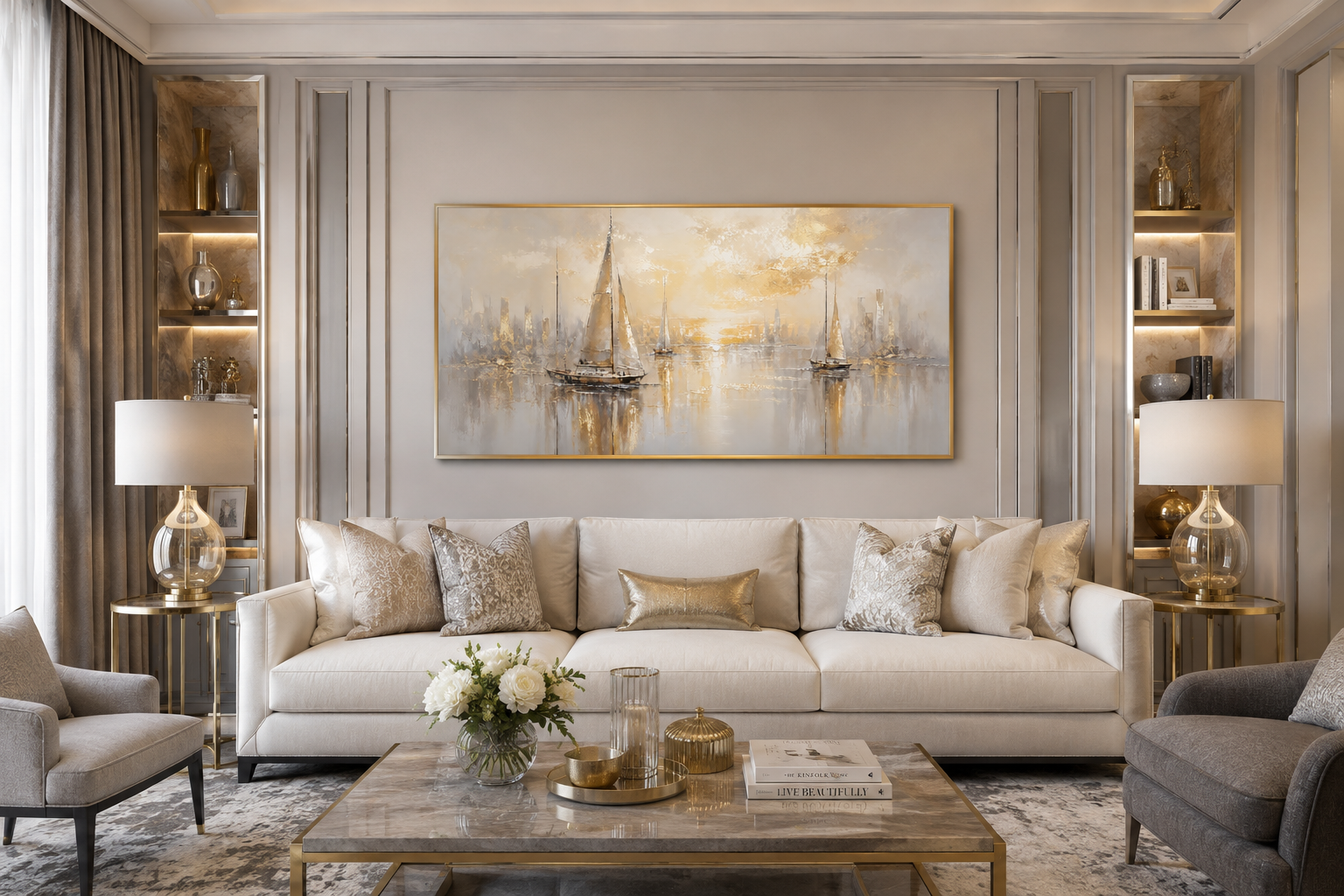 Abstract Silver Gold Sailboats Wall Art – Modern Sailboat Painting | Coastal Framed Canvas Print