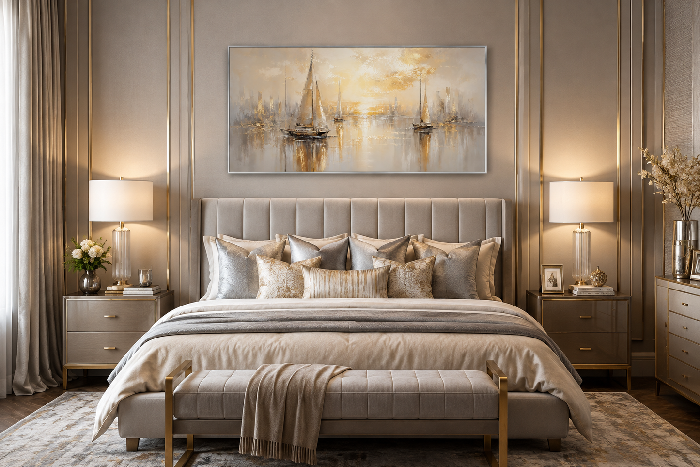 Abstract Silver Gold Sailboats Wall Art – Modern Sailboat Painting | Coastal Framed Canvas Print