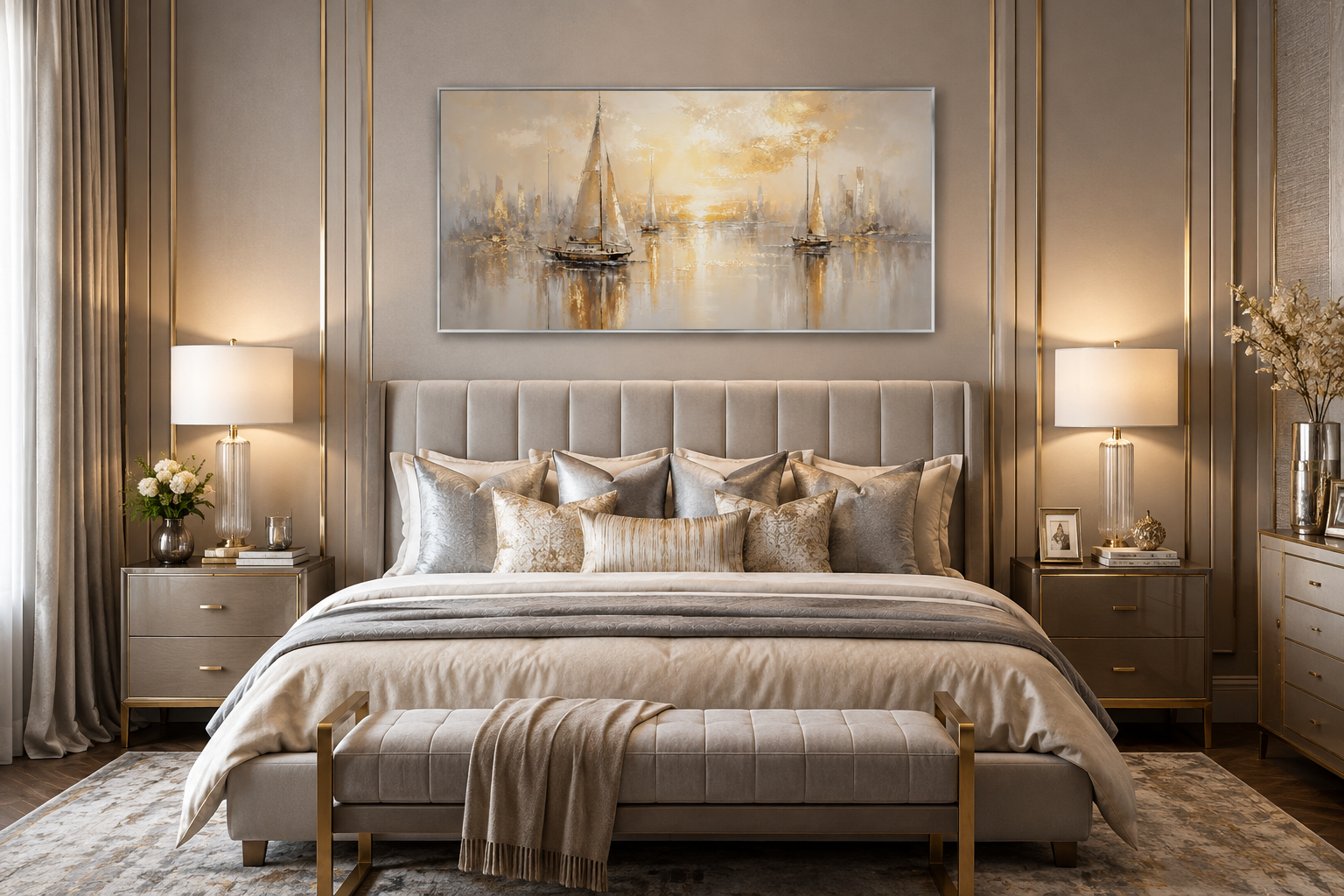 Abstract Silver Gold Sailboats Wall Art – Modern Sailboat Painting | Coastal Framed Canvas Print