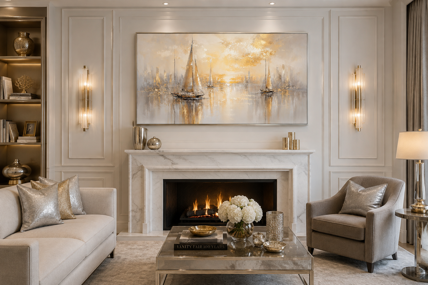Abstract Silver Gold Sailboats Wall Art – Modern Sailboat Painting | Coastal Framed Canvas Print