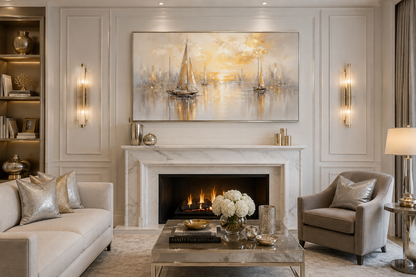 Abstract Silver Gold Sailboats Wall Art – Modern Sailboat Painting | Coastal Framed Canvas Print