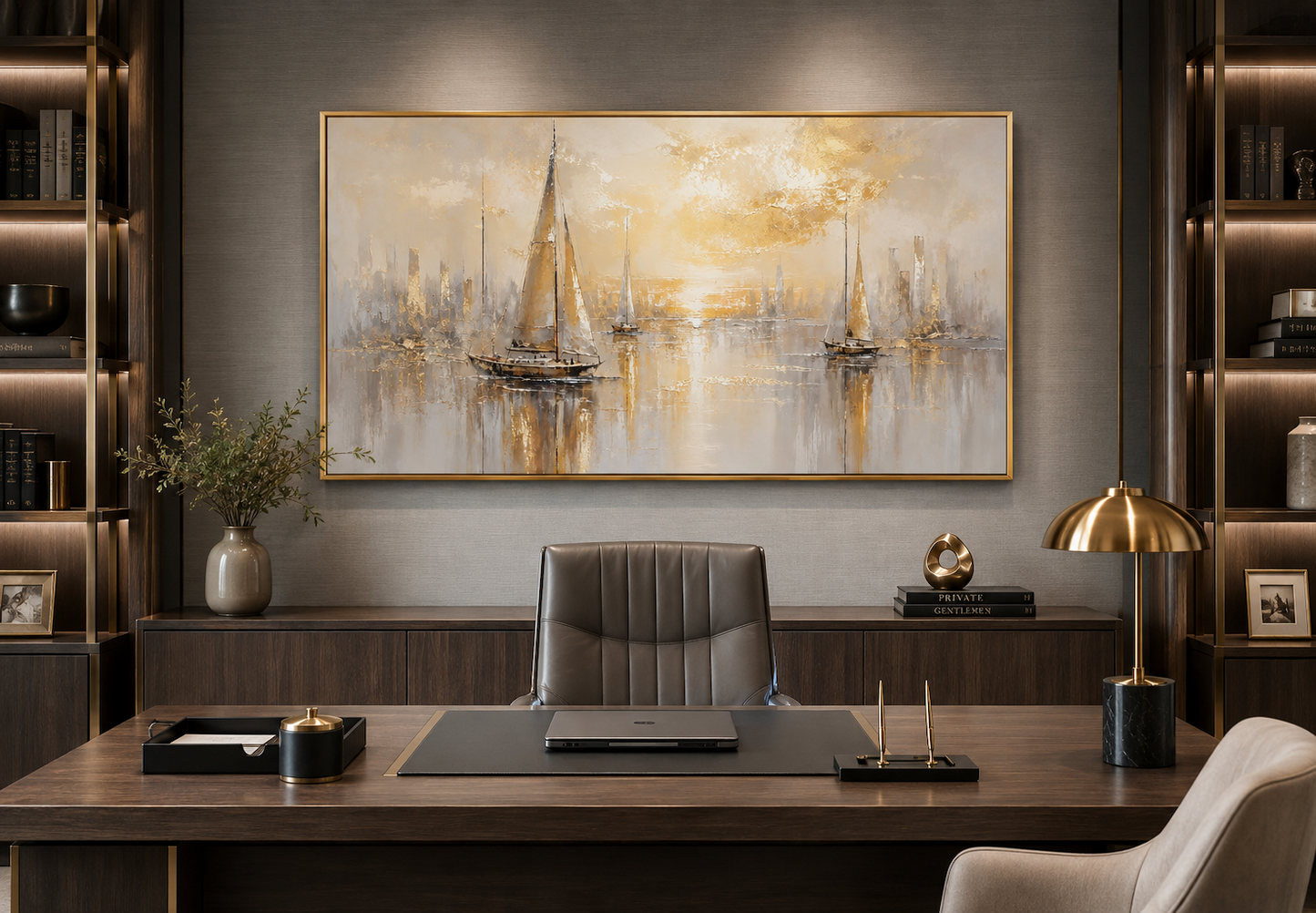 Abstract Silver Gold Sailboats Wall Art – Modern Sailboat Painting | Coastal Framed Canvas Print