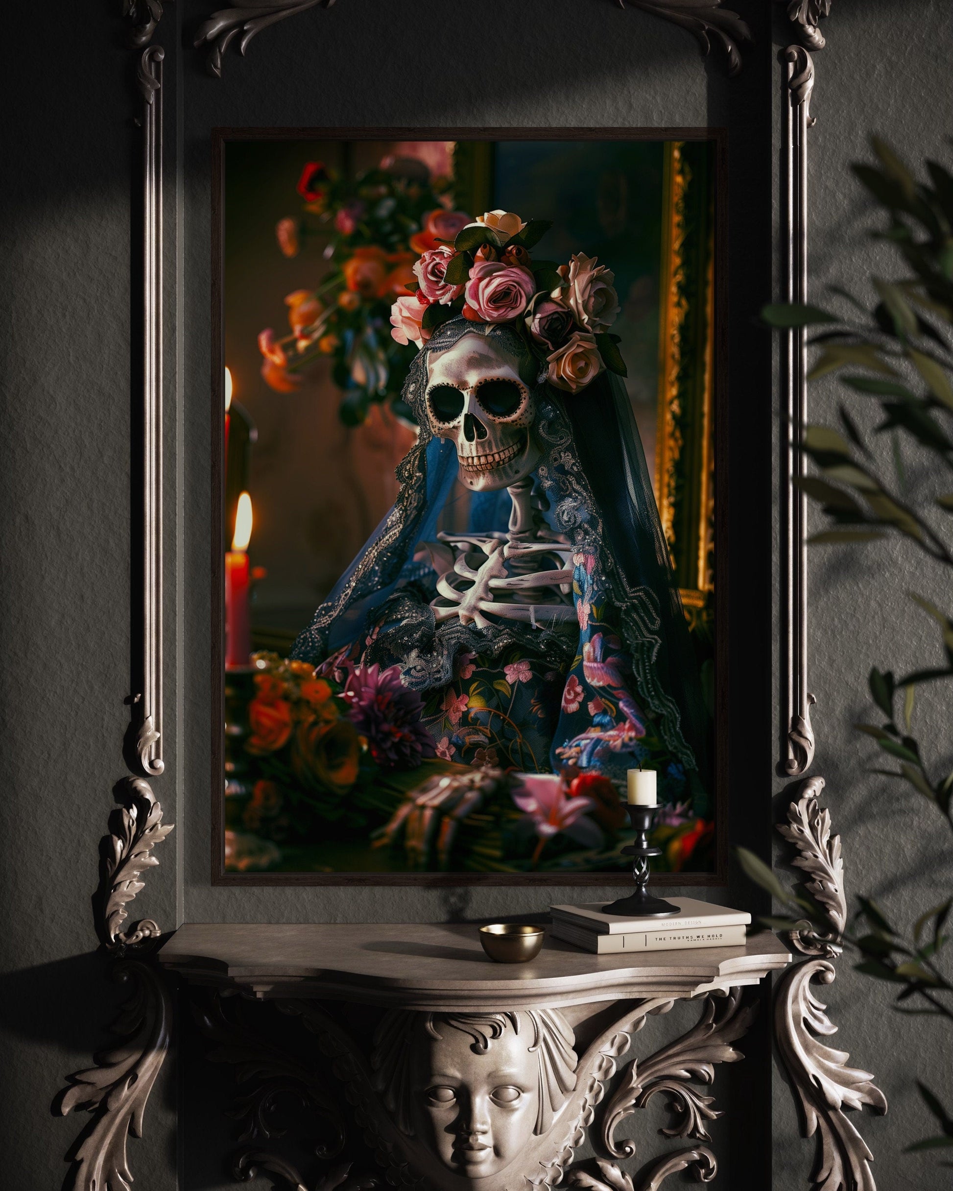 Skeleton Bride With Flowers Gothic Wall Decor Canvas Wall Art
