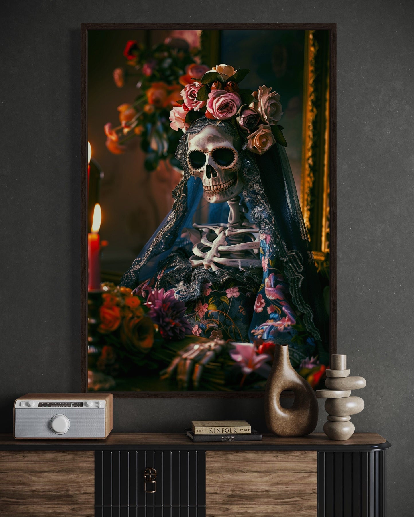 Skeleton Bride With Flowers Gothic Wall Decor Canvas Wall Art
