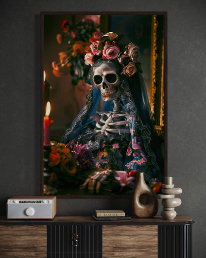 Skeleton Bride With Flowers Gothic Wall Decor Canvas Wall Art
