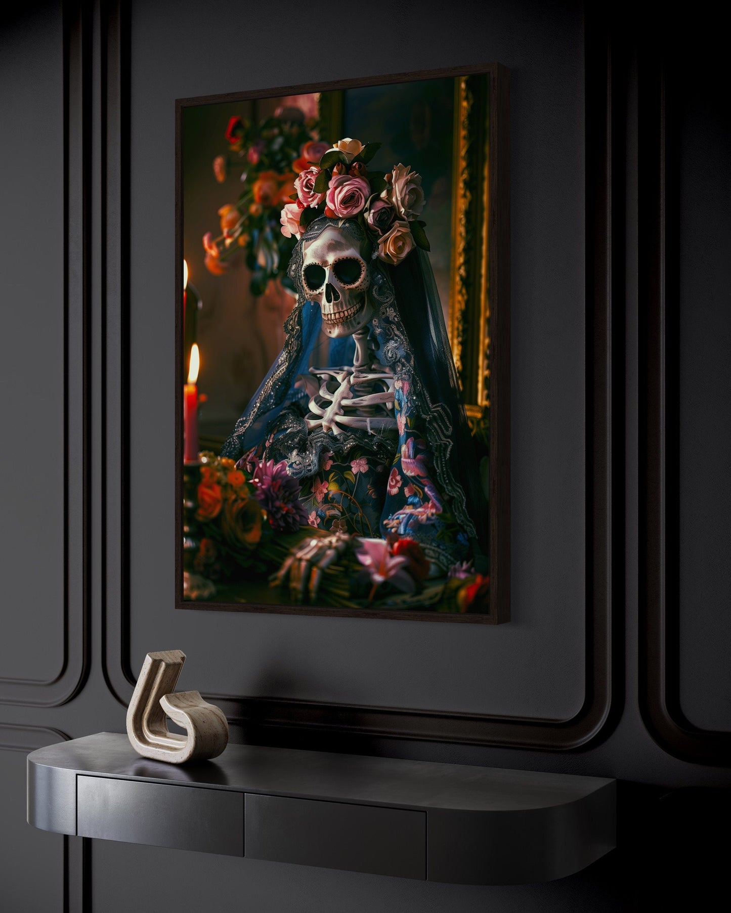 Skeleton Bride With Flowers Gothic Wall Decor Canvas Wall Art