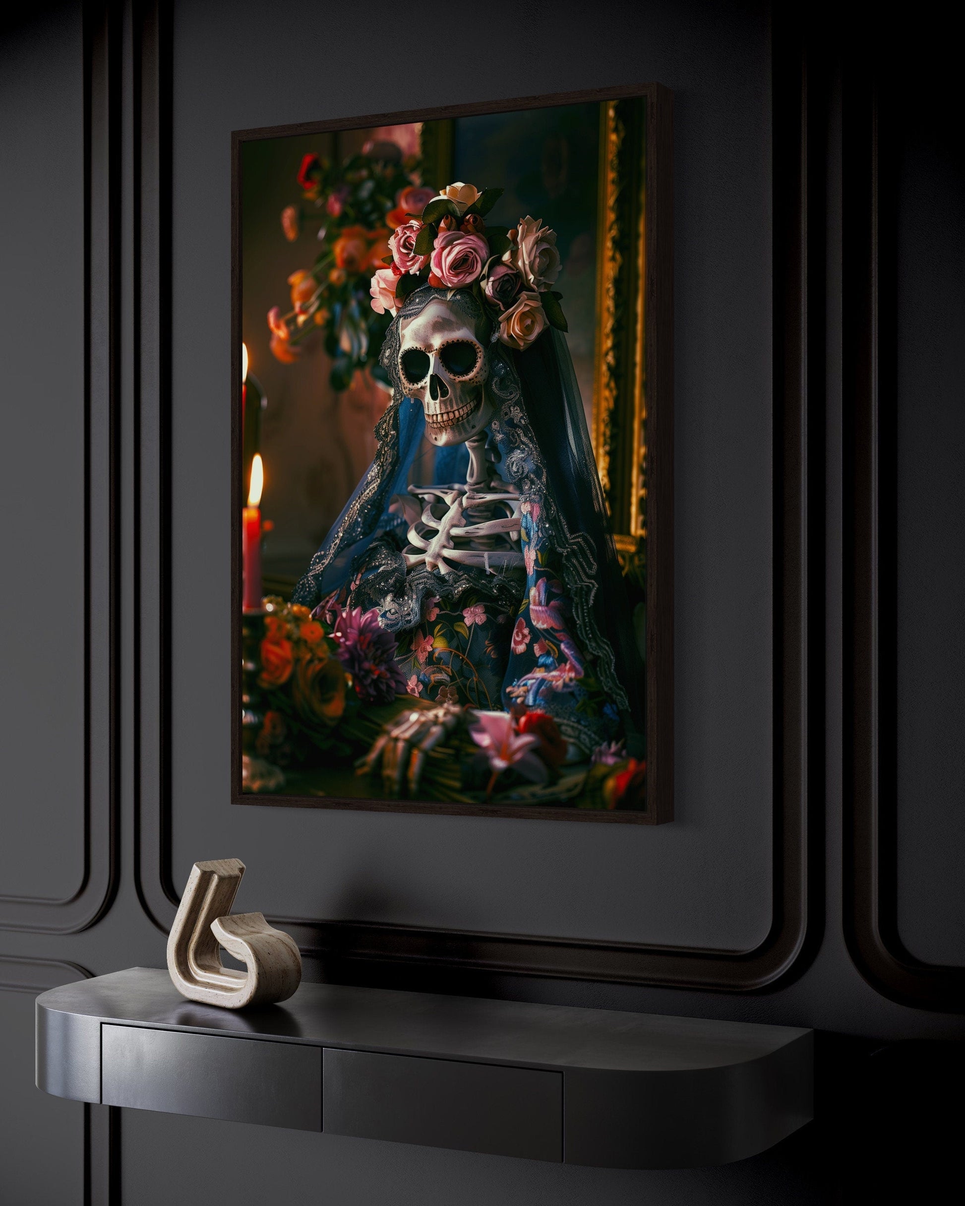 Skeleton Bride With Flowers Gothic Wall Decor Canvas Wall Art
