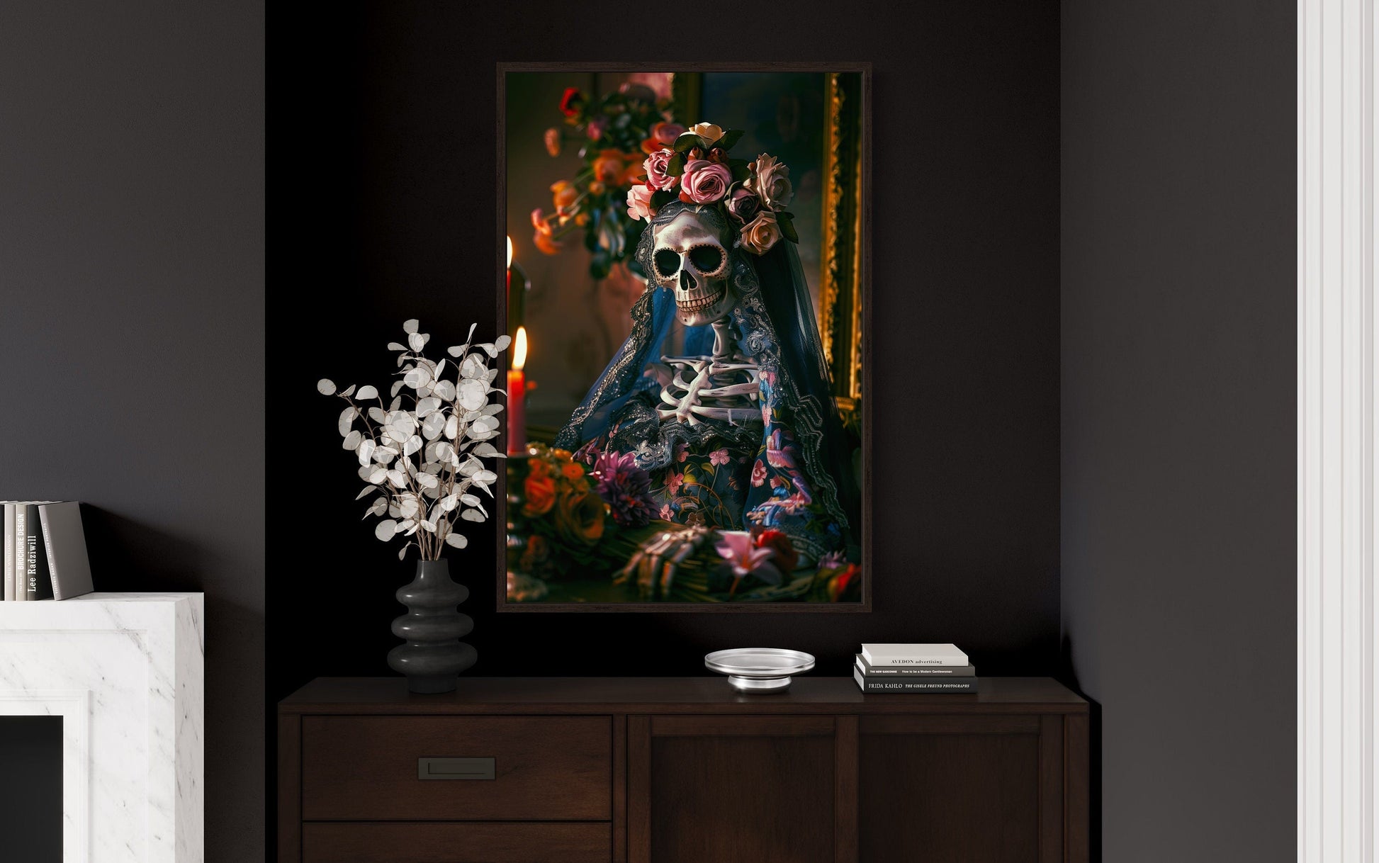 Skeleton Bride With Flowers Gothic Wall Decor Canvas Wall Art