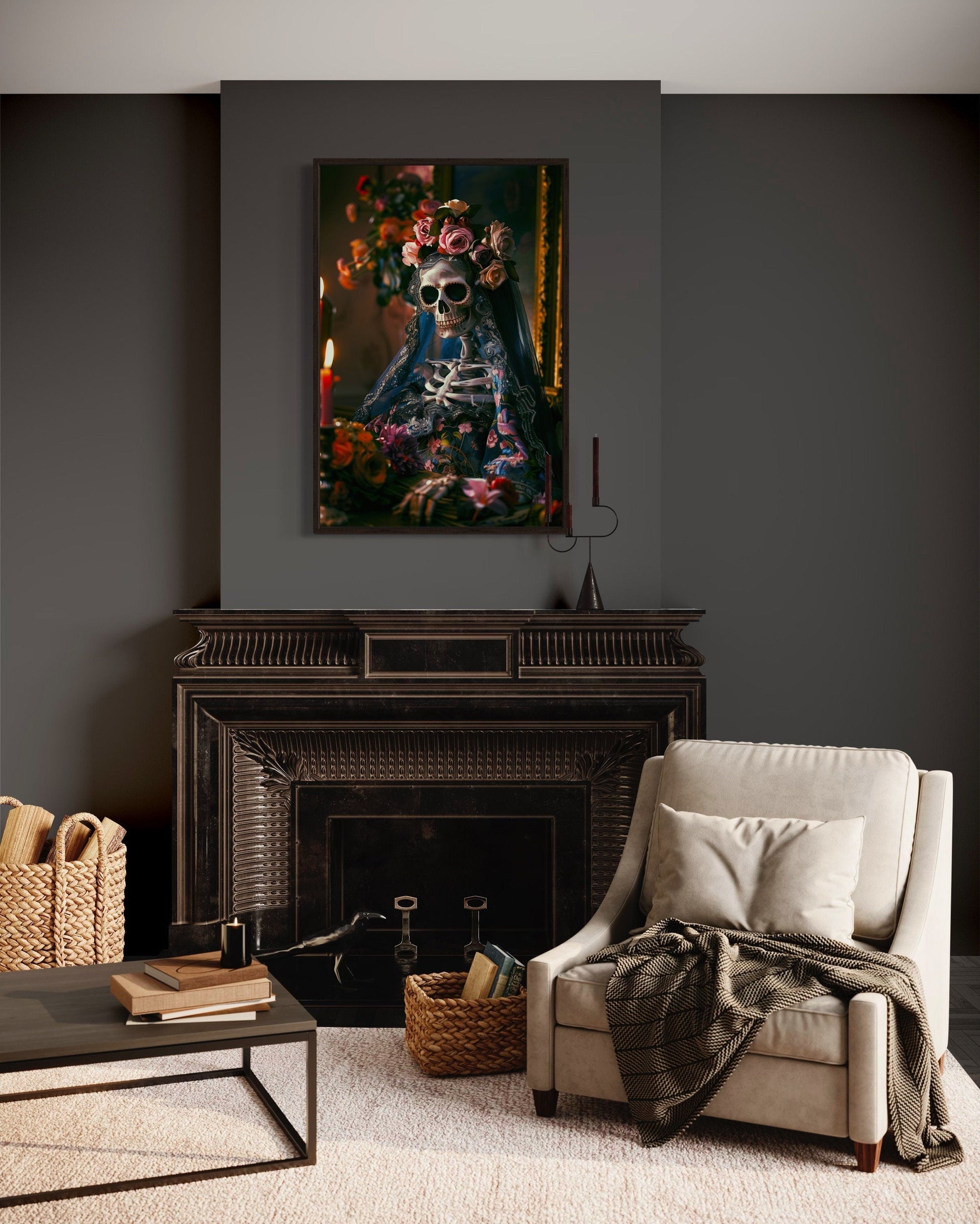 Skeleton Bride With Flowers Gothic Wall Decor Canvas Wall Art