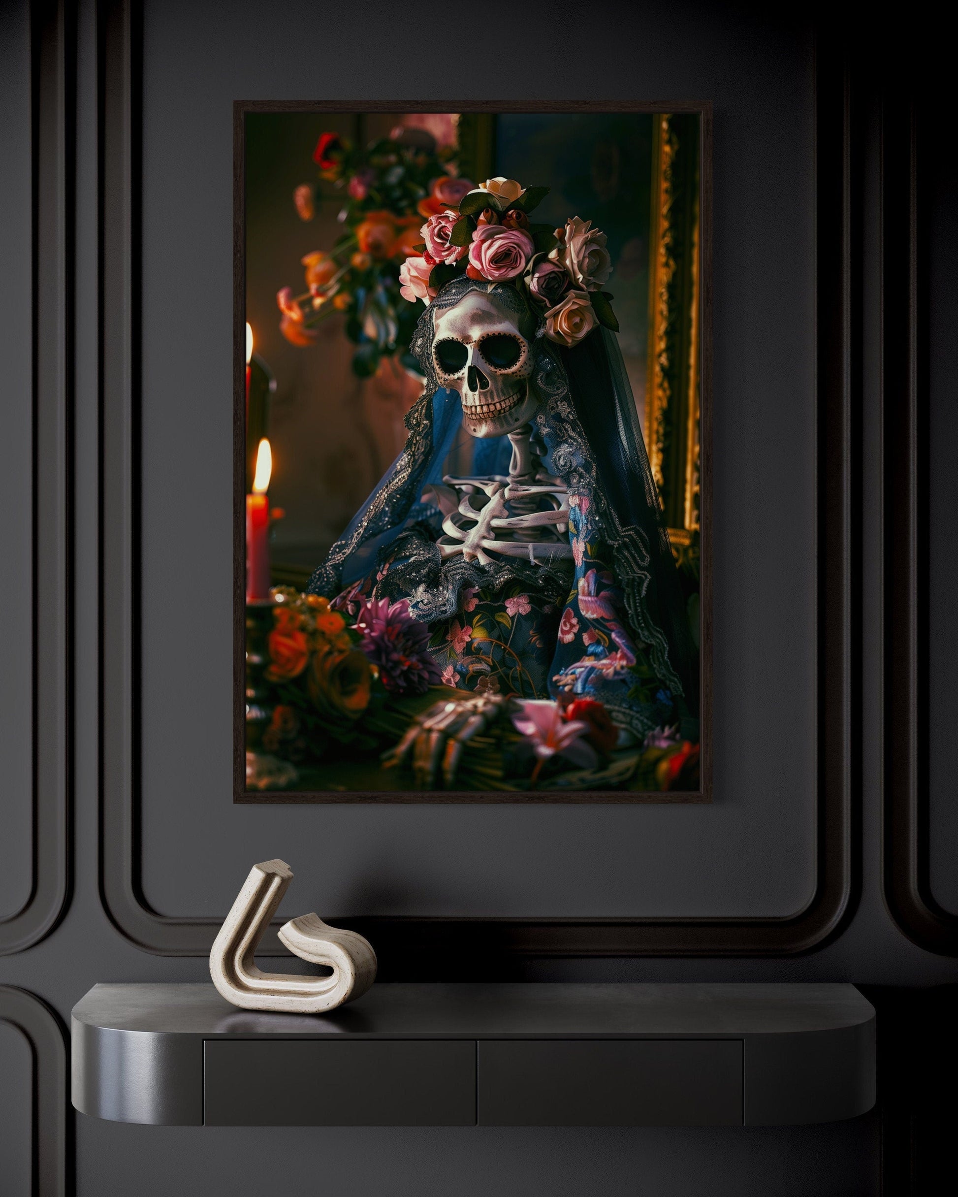Skeleton Bride With Flowers Gothic Wall Decor Canvas Wall Art