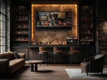 Skeleton Cowboy Barman At Western Saloon Framed Canvas Wall Art For Bar Wall Decor
