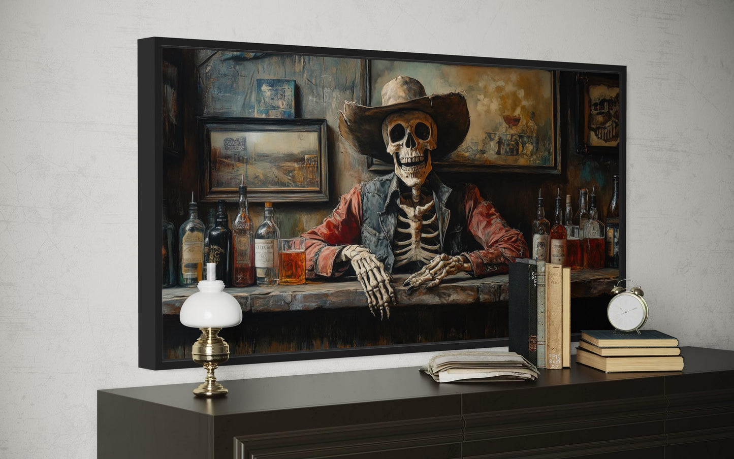Skeleton Cowboy Barman At Western Saloon Framed Canvas Wall Art For Bar Wall Decor