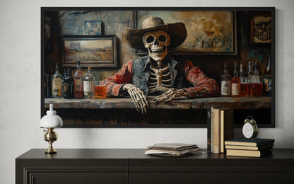 Skeleton Cowboy Barman At Western Saloon Framed Canvas Wall Art For Bar Wall Decor